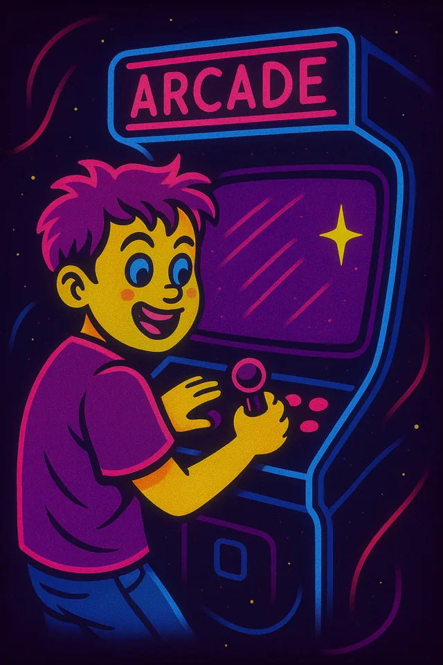 Kid playing a glowing arcade cabinet